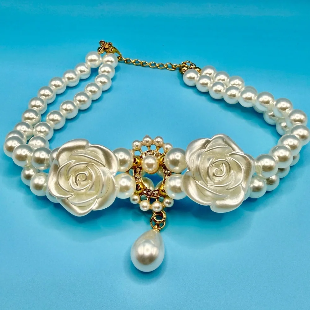 Pearl Rose Dog Collar Small Adjustable Bridal Pet Necklace